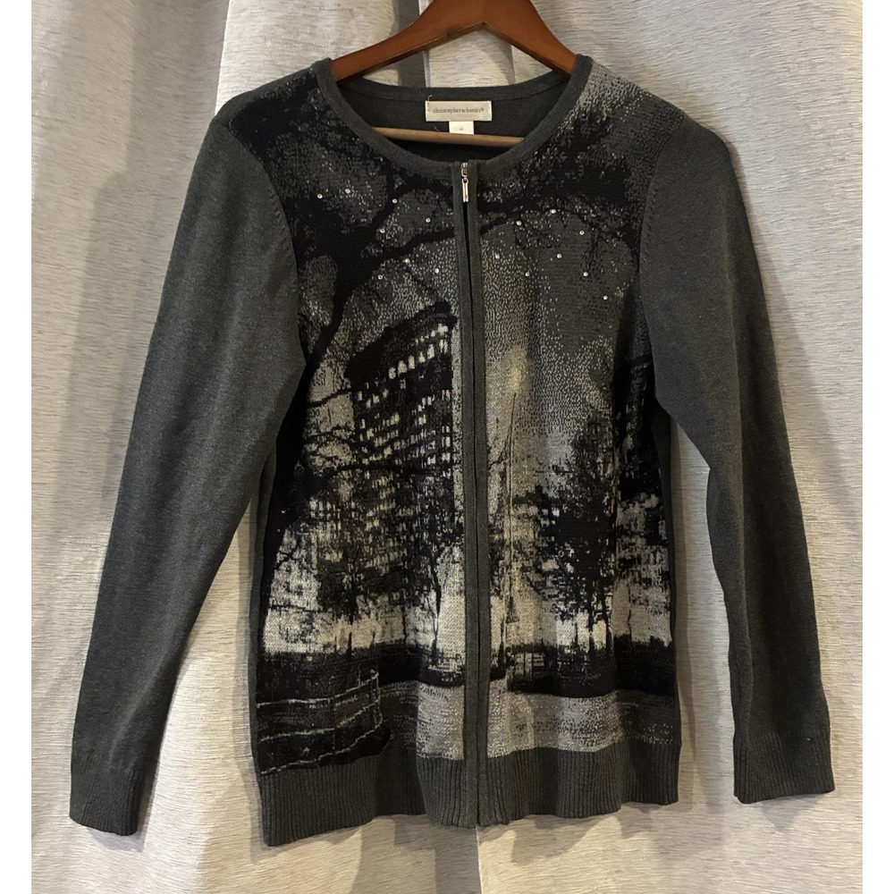 Vintage Christopher & Banks City Scene Zip Up Cardigan Size Medium NYC Manhattan